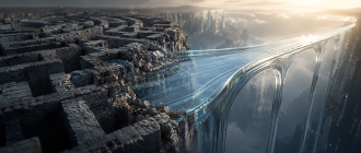 A minimalist glass bridge representing frictionless DeFi onboarding.