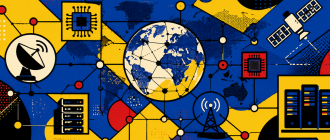 High-contrast geometric pop-art showing an interconnected mesh network of hardware nodes.