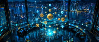 Retro-futuristic manga art showing a tokenized asset matrix over the Hong Kong skyline.