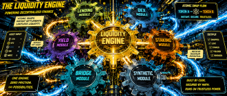 Dynamic comic book style art showing a DeFi liquidity engine with energy flows.