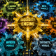 Dynamic comic book style art showing a DeFi liquidity engine with energy flows.