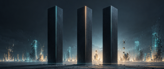 Three standing digital pillars representing the final surviving ecosystems after layer 2 consolidation.
