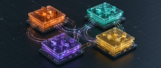 3D isometric visualization of modular blockchain architecture layers.