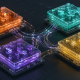 3D isometric visualization of modular blockchain architecture layers.
