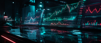 Neon-noir style holographic trading charts in a dark, high-tech environment.