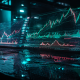 Neon-noir style holographic trading charts in a dark, high-tech environment.