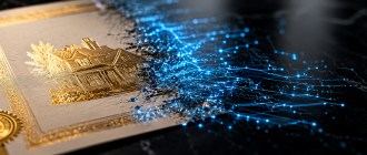 Gold-leaf deed transitioning into digital code, representing RWA tokenization.