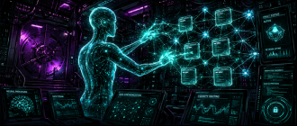 Graphic novel illustration depicting an autonomous AI agent interacting with on-chain smart contracts via an AI agent crypto framework.