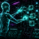 Graphic novel illustration depicting an autonomous AI agent interacting with on-chain smart contracts via an AI agent crypto framework.