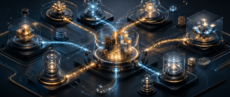 Minimalist 3D isometric render showing automated DeFi vault infrastructure and rebalancing mechanics.