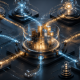 Minimalist 3D isometric render showing automated DeFi vault infrastructure and rebalancing mechanics.