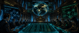 Graphic novel illustration showing major global banks deploying consortium stablecoins to compete for interbank settlement supremacy.