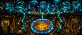 Graphic novel illustration showing native Bitcoin locked in a cryptographic vault generating liquid yield streams for decentralized finance.