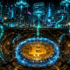Graphic novel illustration showing native Bitcoin locked in a cryptographic vault generating liquid yield streams for decentralized finance.