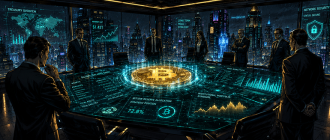 Graphic novel illustration depicting corporate executives analyzing balance sheet allocations around a glowing corporate Bitcoin reserve hologram.