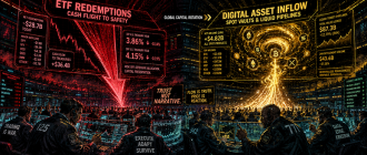 Graphic novel illustration depicting institutional trading floors analyzing capital rotation between spot ETF redemptions and crypto inflows.