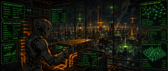 Graphic novel illustration showing an automated technician installing tokenized edge compute hardware overlooking a decentralized wireless city network.