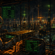 Graphic novel illustration showing an automated technician installing tokenized edge compute hardware overlooking a decentralized wireless city network.