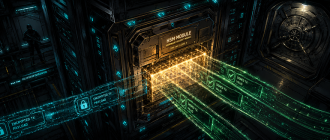 Graphic novel illustration showing an enterprise Hardware Security Module performing cryptographic transaction signing in a high-security server vault.