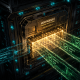 Graphic novel illustration showing an enterprise Hardware Security Module performing cryptographic transaction signing in a high-security server vault.