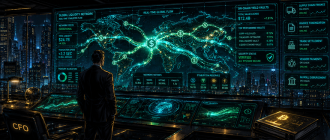 Graphic novel illustration showing a corporate treasurer monitoring real-time programmable cash flows via PayFi crypto liquidity rails.