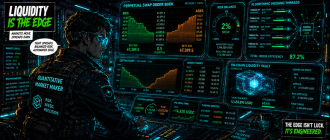 Graphic novel illustration showing a quantitative market maker managing delta-neutral risk and order-book spreads for perp DEX liquidity.