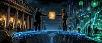 Graphic novel illustration showing a digital bridge connecting traditional Wall Street private credit to decentralized finance liquidity.