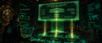 Graphic novel illustration showing tokenized US sovereign debt cascading into decentralized RWA yield pools.