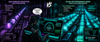 Graphic novel illustration comparing the sequential execution of legacy virtual machines against the parallel multi-threaded architecture of the Solana Virtual Machine.