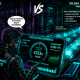 Graphic novel illustration comparing the sequential execution of legacy virtual machines against the parallel multi-threaded architecture of the Solana Virtual Machine.