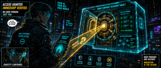 Graphic novel illustration showing biometric passkey authentication unlocking an ERC-4337 smart contract account without seed phrases.