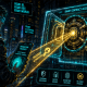 Graphic novel illustration showing biometric passkey authentication unlocking an ERC-4337 smart contract account without seed phrases.