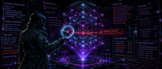 Graphic novel illustration depicting a risk manager analyzing macroeconomic probabilities and tail risks on a decentralized prediction market terminal.