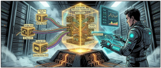 Graphic novel illustration of a protocol engineer managing shared security and multi-layer AVS restaking yield across decentralized validation modules.