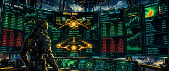 Graphic novel illustration of a quantitative crypto trader executing automated delta-neutral arbitrage between spot AMMs and perpetual DEXs.