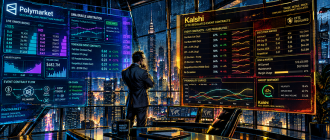Graphic novel illustration of an institutional trader analyzing macroeconomic event contracts across Polymarket and Kalshi prediction markets.
