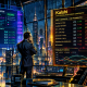 Graphic novel illustration of an institutional trader analyzing macroeconomic event contracts across Polymarket and Kalshi prediction markets.