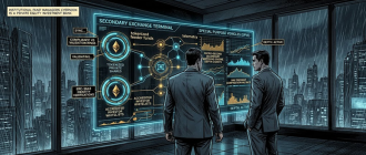 Graphic novel illustration of institutional private equity managers executing secondary liquidity trades for tokenized private assets on a holographic ATS terminal.