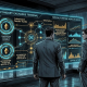 Graphic novel illustration of institutional private equity managers executing secondary liquidity trades for tokenized private assets on a holographic ATS terminal.