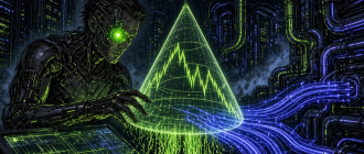 Graphic novel illustration of a quantitative crypto trader monitoring automated dynamic range rebalancing and hedging on Uniswap v4.