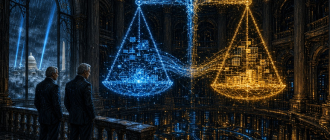 Graphic novel illustration of regulatory attorneys analyzing the division of authority between the SEC and CFTC under the Digital Asset Market Clarity Act.