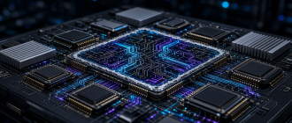 Extreme macro photograph of a high-throughput modular data availability silicon accelerator chip on an industrial circuit board.