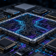 Extreme macro photograph of a high-throughput modular data availability silicon accelerator chip on an industrial circuit board.