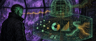 Graphic novel illustration of a protocol developer auditing and securing an automated ERC-4626 tokenized yield vault inside a high-tech crypto workstation.