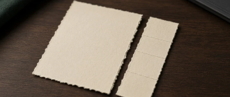 A cream bond torn into a plain principal sheet and a thin coupon strip on a dark wooden desk.