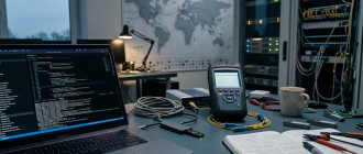 Industrial developer workstation showing a laptop and testing equipment used to integrate Pyth Oracle feeds on-chain.