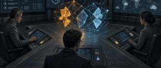 Graphic novel illustration of compliance officers executing a threshold signature scheme ceremony during an institutional MPC wallet setup.
