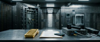 Detailed industrial still life of physical gold bullion and hardware security modules illustrating real-world collateral backing non USD stablecoins.