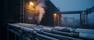 Industrial exterior photograph of cryogenic refrigeration pipelines at a quantum computing infrastructure research facility.