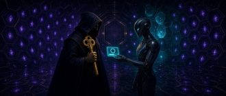 A crypto wallet holder keeps a gold master key while handing a smaller timed session keycard to an app agent, with a spend cap and countdown on the card.